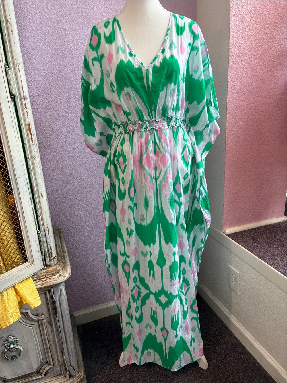 Sheridan French Cotton‎ Boho Green Pink Caftan Kaftan Maxi Dress One Size
